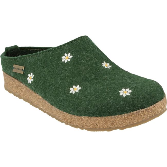 Front angled view of Women's Haflinger Margherita Clog in green with a few small white flower decals