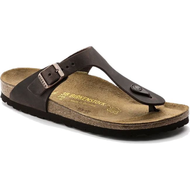 Front angled view of Birkenstock Unisex Gizeh Oiled Leather Sandal in Habana Brown