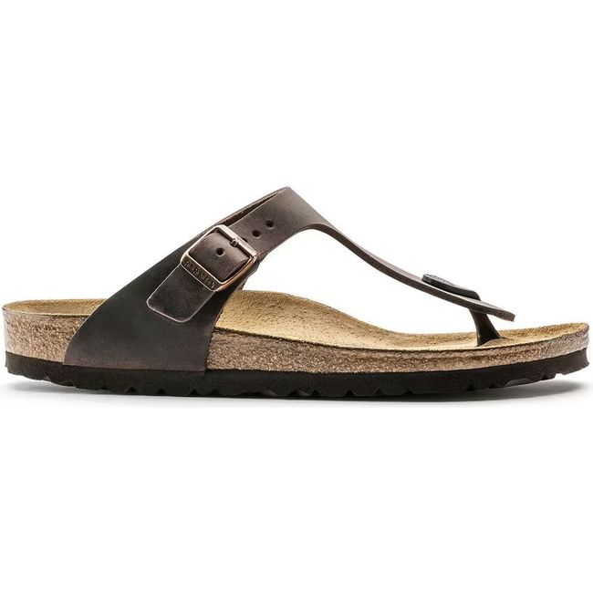 Lateral side of Birkenstock Unisex Gizeh Oiled Leather Sandal in Habana Brown