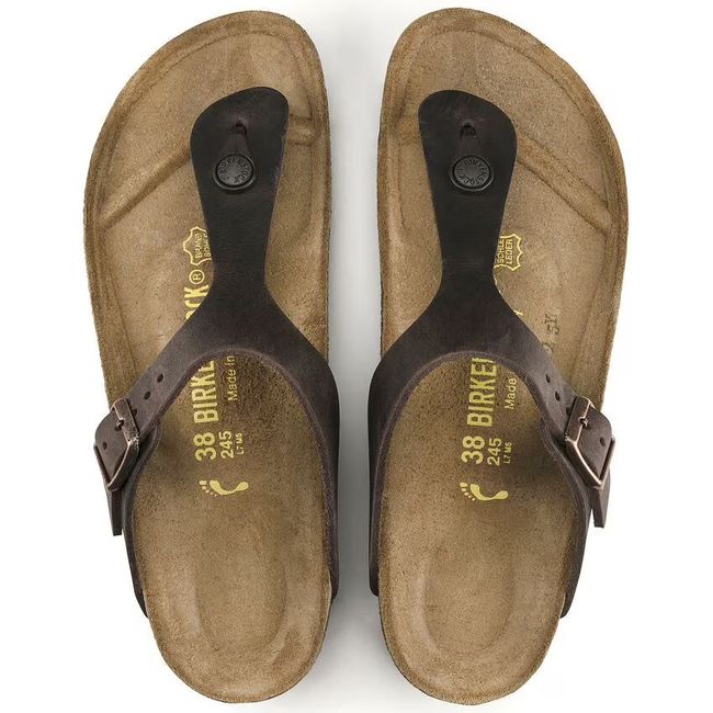 Top down view of Birkenstock Unisex Gizeh Oiled Leather Sandals in Habana Brown