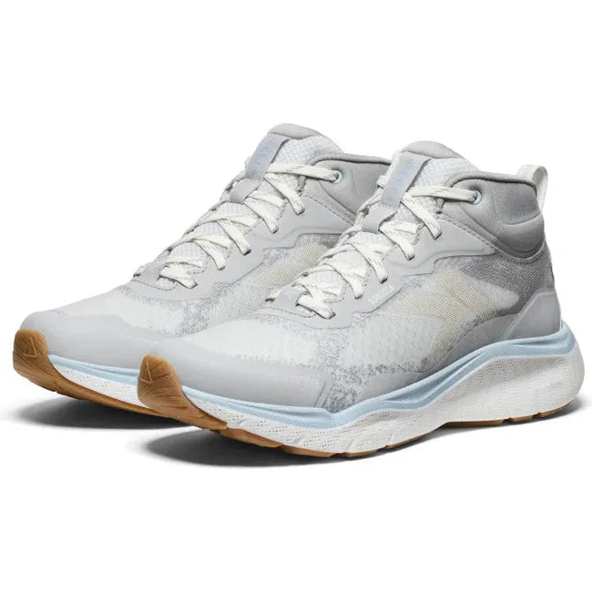 Pair of KEEN Women's Leiki Waterproof Hiking Boot in Vapor Skyway gray