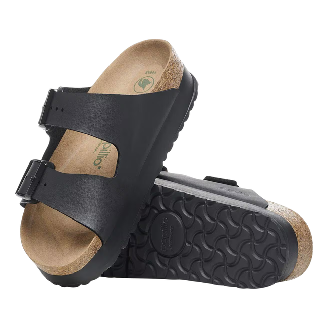 Top and Sole of Birkenstock Women's Arizona Vegan Platform Sandal in Black