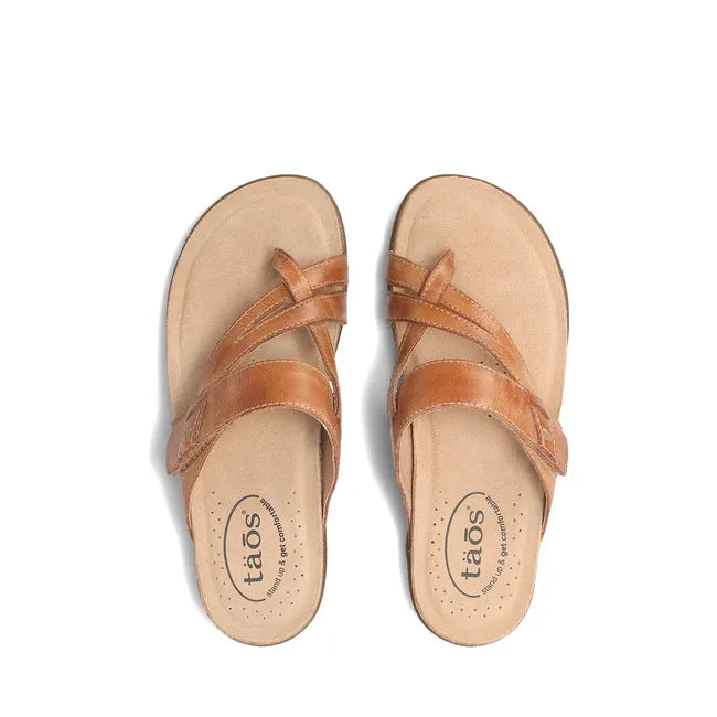 Upper of Women's Taos Perfect Sandal in tan leather with open back and toe post