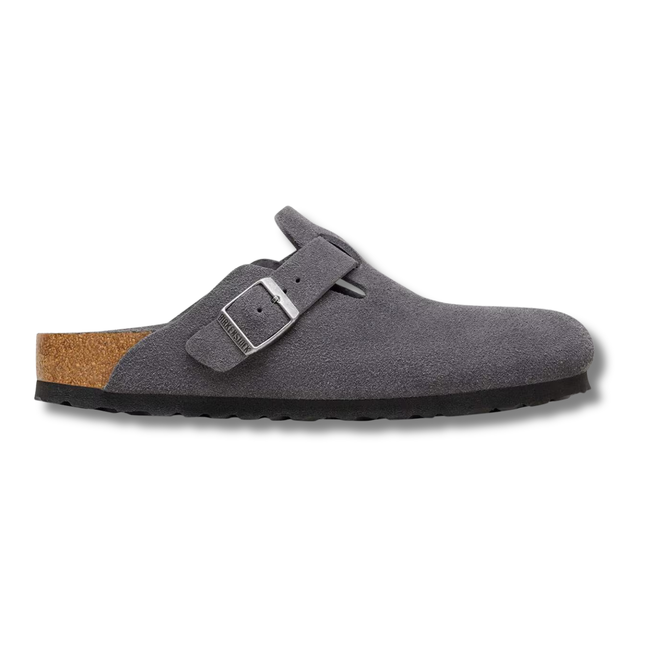 Lateral side of Birkenstock Unisex Boston Soft Footbed Suede Clog in Charcoal
