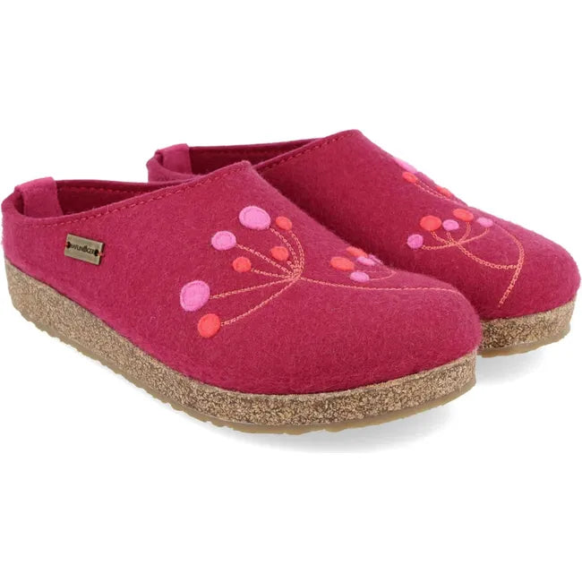 Pair of Women's Haflinger Amaya Clogs in port pink wool upper with cork sole