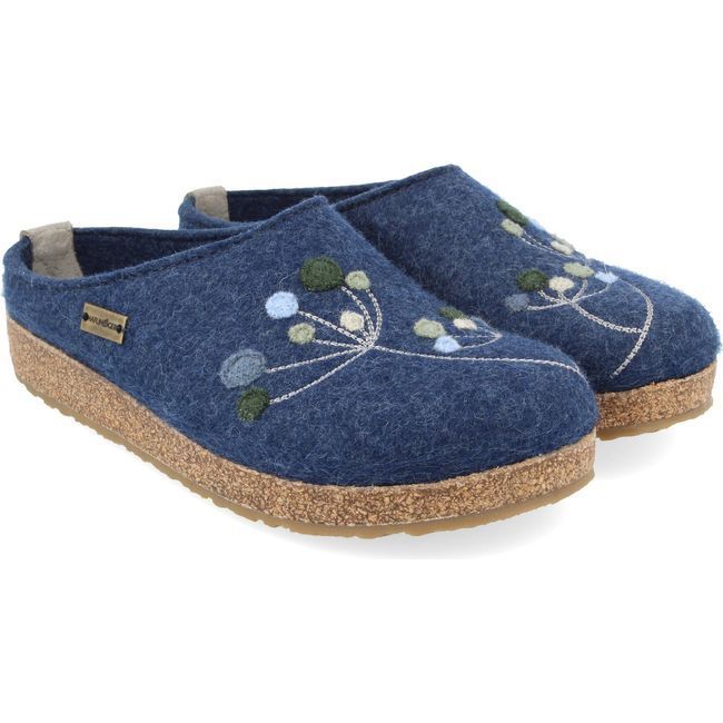 Pair of Women&#39;s Haflinger Amaya Clogs in jeans blue color with cork sole
