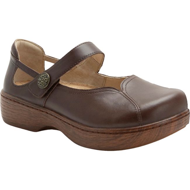 Front angled view of Alegria Women's Onika Mary Jane Shoe in Coffee Bean Brown Leather