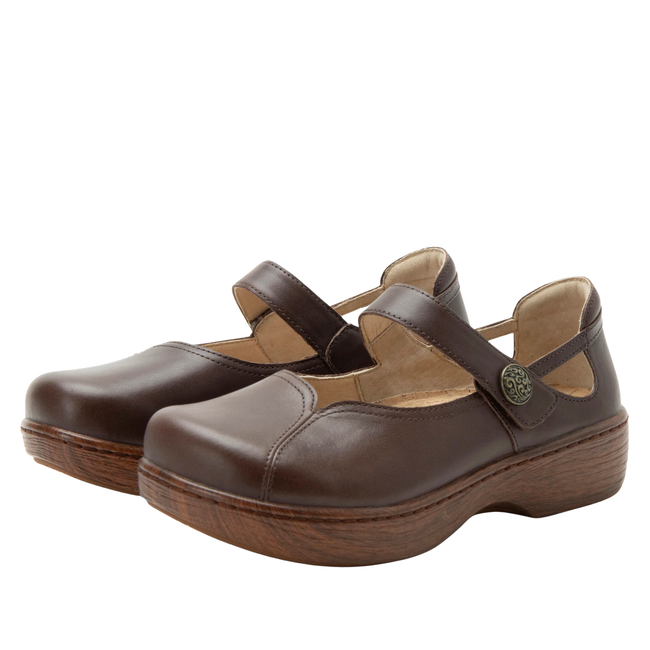 Pair of Alegria Women's Onika Mary Jane Shoes in Coffee Bean Brown Leather