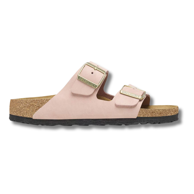 Lateral side of Birkenstock Women's Arizona Soft Footbed Sandal in Soft Pink