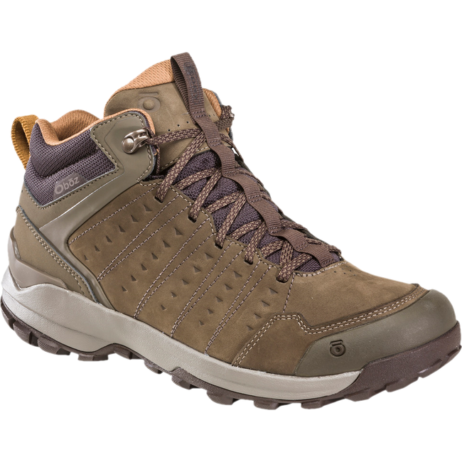 Angled front view of Men&#39;s Oboz Sypes Mid Nubuck Leather Waterproof Hiking Boot in cedar brown