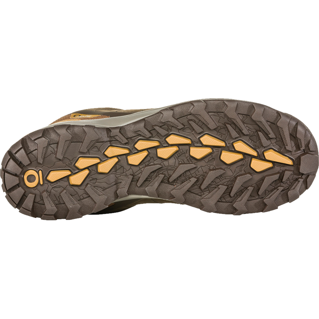Sole of Men&#39;s Oboz Sypes Mid Nubuck Waterproof Hiking Boot with cedar brown and orange tread