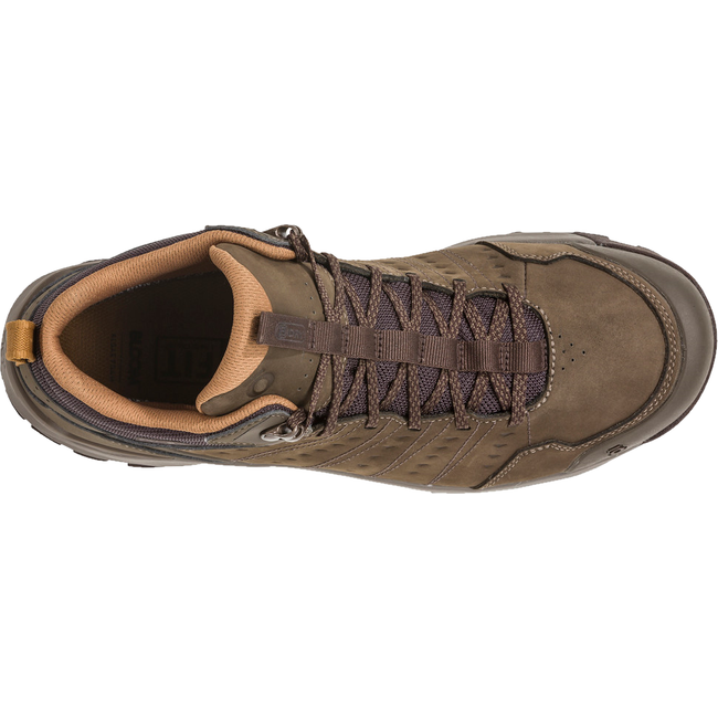 Top view of Mens Oboz Sypes Mid Nubuck Waterproof Hiking Boot in brown with orange inner lining