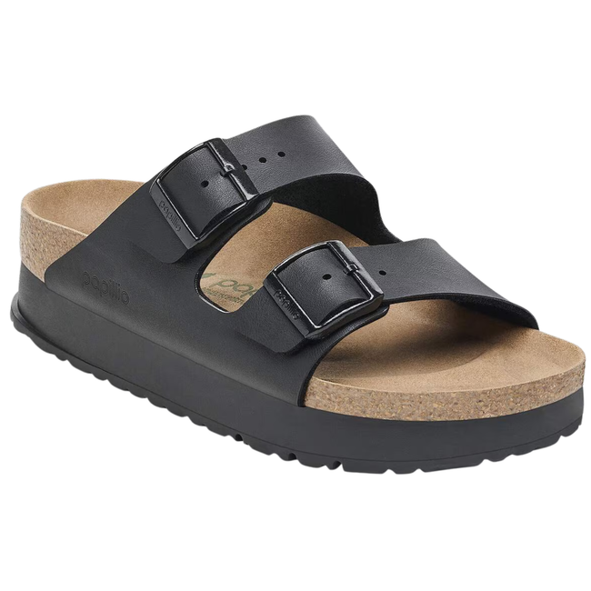 Angled side of Birkenstock Women's Arizona Vegan Platform Sandal in Black