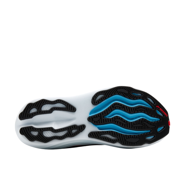 Sole of Men's Brooks Glycerin Max Running Shoe. White sole with black tread and blue accents