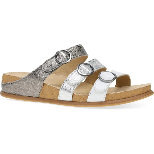 Front angled view of Women's Dansko Campbell Sandal in silver with three velcro straps