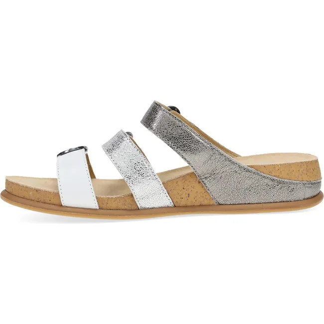Medial side of Women's Dansko Campbell Sandal in silver with three velcro straps