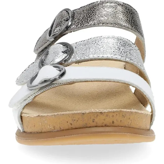 Front of Women's Dansko Campbell Sandal in silver with three velcro straps