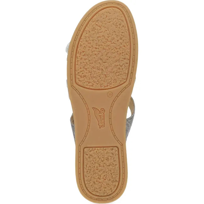 Sole view of Women's Dansko Campbell Sandal in silver upper with tan outsole