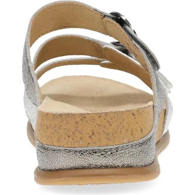 Heel of Women's Dansko Campbell Sandal in silver with three velcro straps