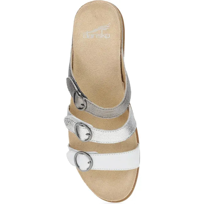 Top down view of Women's Dansko Campbell Sandal in silver with three velcro straps