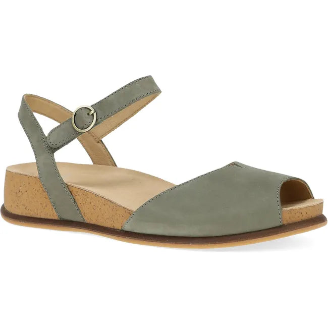 Front angled view of Women's Dansko Cass Sandal in sage green nubuck with velcro backstrap