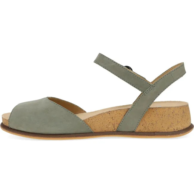 Medial side of Women's Dansko Cass Sandal in sage green nubuck with velcro backstrap