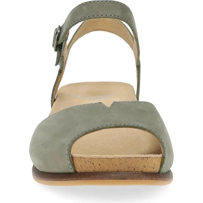 Front of Women's Dansko Cass Sandal in sage green nubuck with velcro backstrap