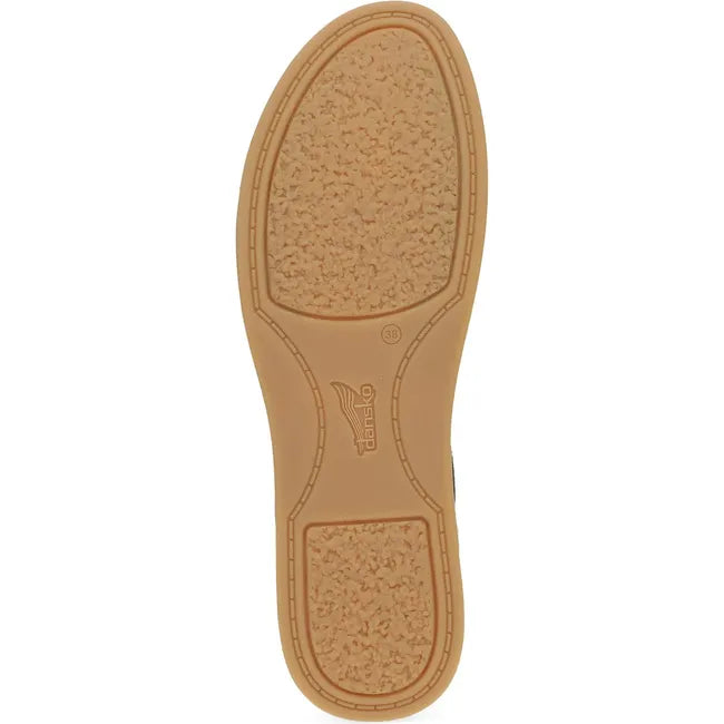 Sole of Women's Dansko Cass Sandal in sage green nubuck upper with tan outsole