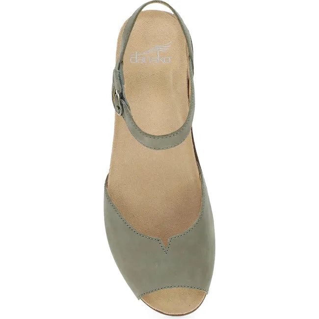 Top down view of Women's Dansko Cass Sandal in sage green nubuck with velcro backstrap