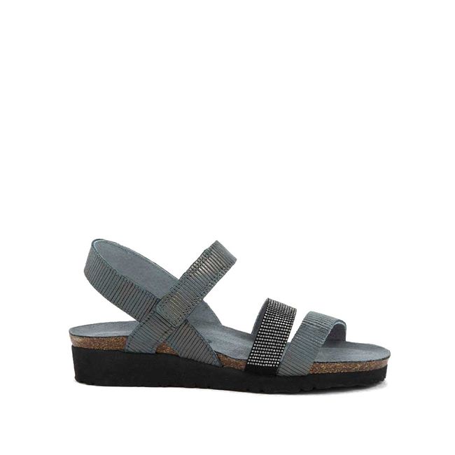 Side of Naot Women's Krista Sandal in Graphite Striped Suede with Black
