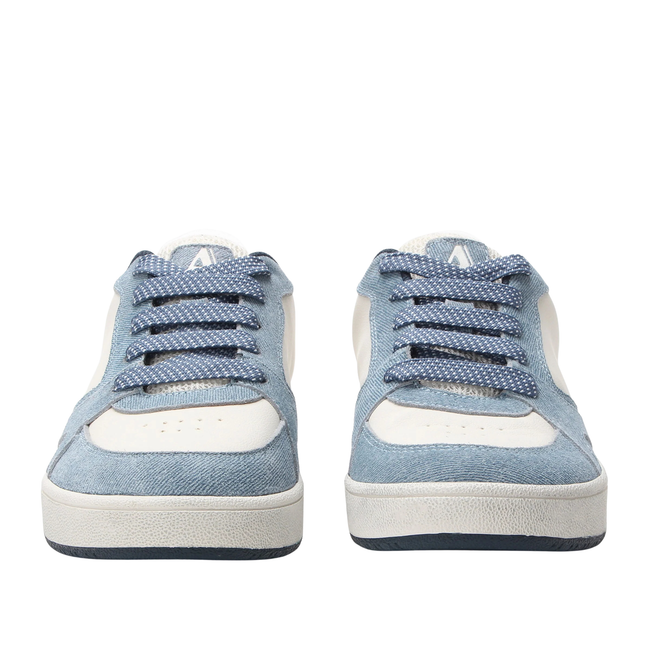 Front of Alegria Women's Celeste Slide Sneakers in Indigo and White