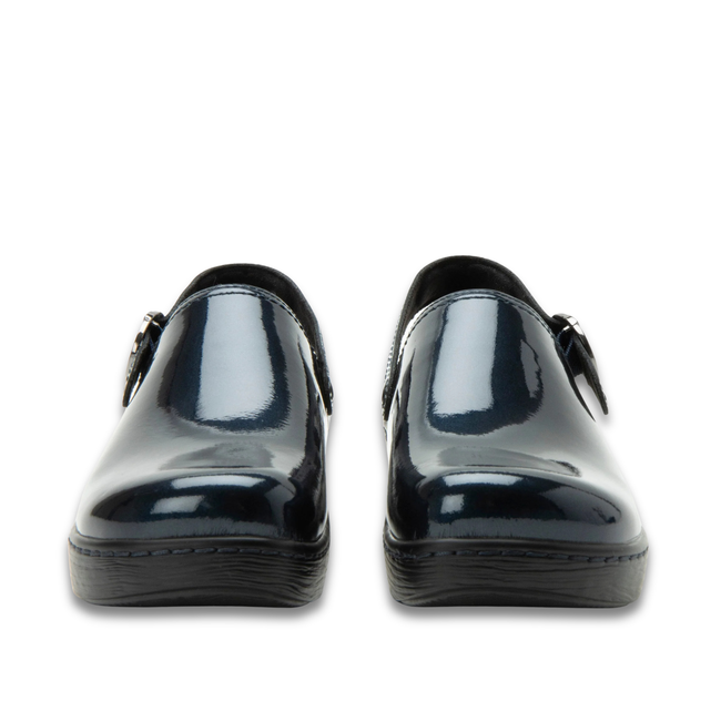 Front of Alegria Women's Olie Clogs in Space Invaders Navy Patent Leather