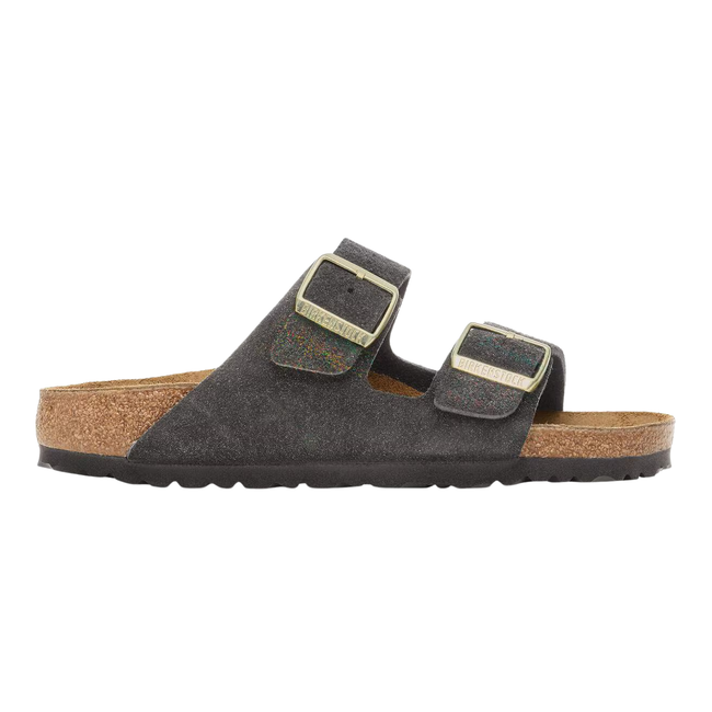 Side of Birkenstock Women's Arizona Suede Sandal in Shimmering Black