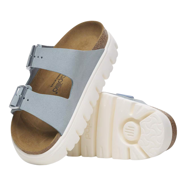 Top and Sole of Birkenstock Women's Arizona Chunky Sandal in Baby Blue Suede