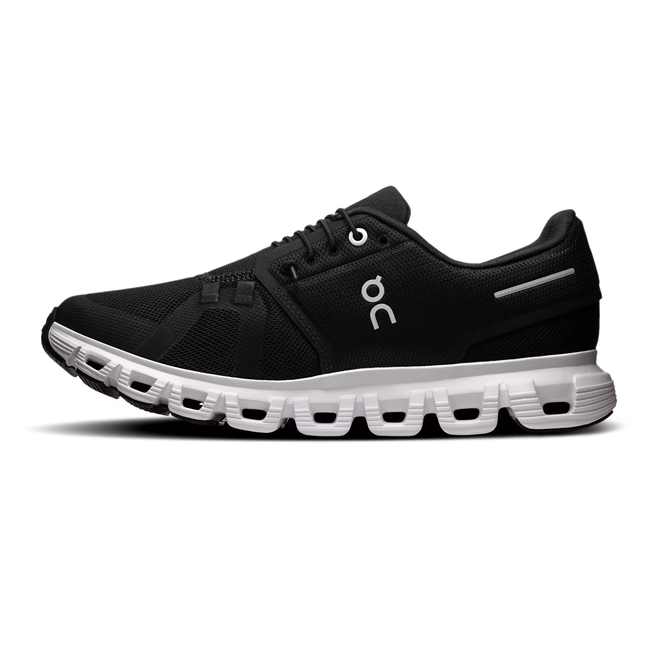 Medial side of On Running Women's Cloud 6 Running Shoe in Black and White