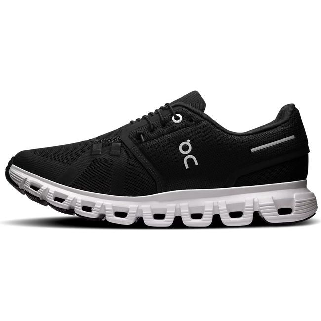 Medial side of On Running Women's Cloud 6 Running Shoe in black and white