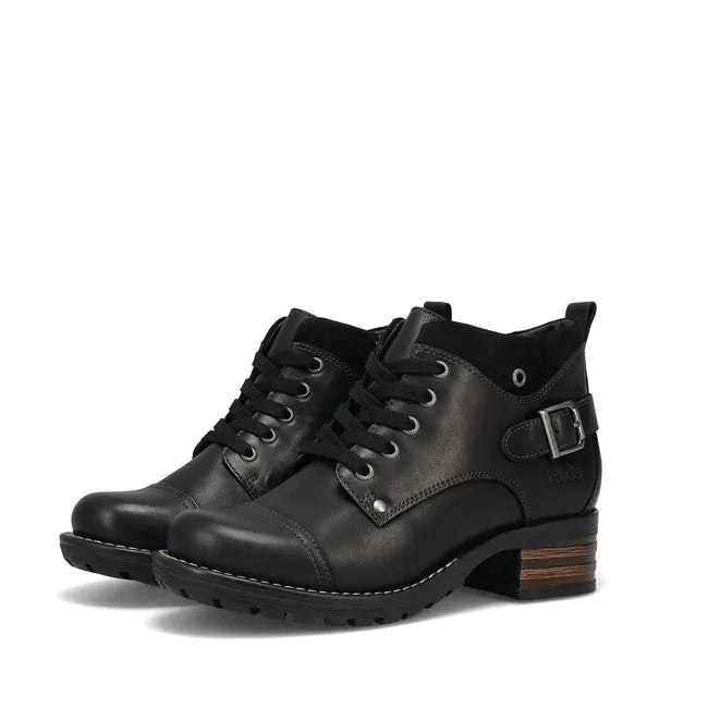 Pair of Women's Taos Mini Crave Boot in black leather. Ankle height and lace up closure