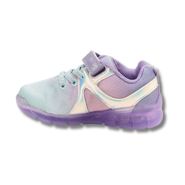 Medial side of Stride Rite Toddler Lighted Mermaid Sneaker in Purple Multi