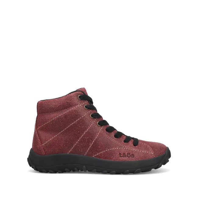 Lateral side of Women's Taos High Top Trail Mix Sneaker in wine red ruff leather and black laces