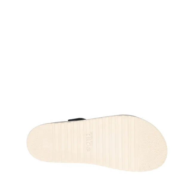 White sole of Women's Taos Sideways Sandal in Dark Blue leather upper