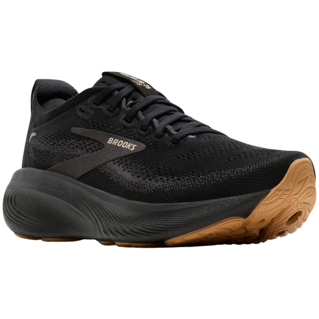 Angled view of Brooks Men's Adrenaline GTS 25 Running Shoe in Black and Biscuit Tan