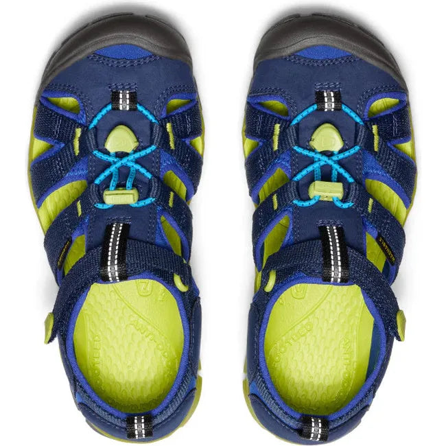 Upper of KEEN Youth Kids Seacamp II CNX Sandal in Naval Academy blue and Chartreuse green