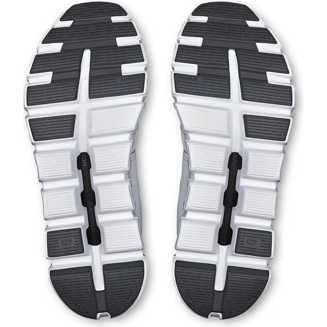 Soles of On Running Women's Cloud 6 Running Shoes in grey and white