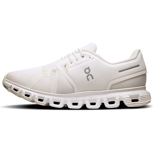 Medial of On Running Women's Cloud 6 Running Shoe in all white