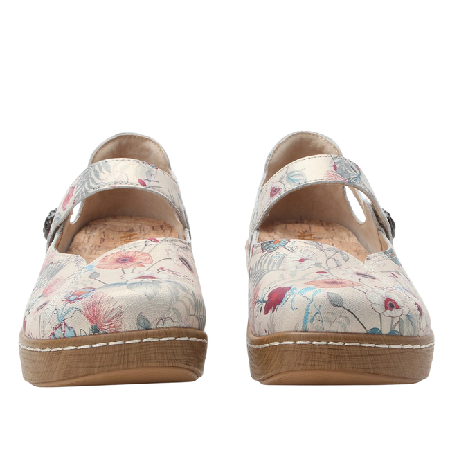 Front of Alegria Women's Onika Mary Jane Shoes in Ethereal Floral