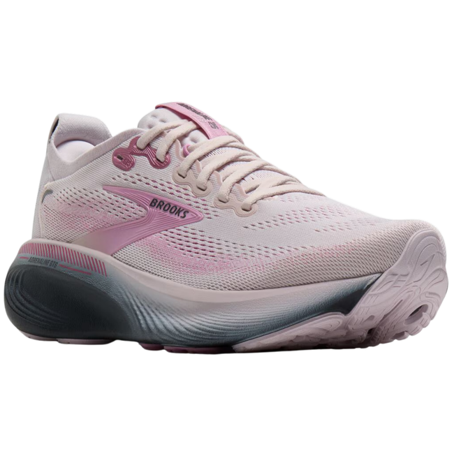 Angled side of Brooks Women's Adrenaline GTS 25 Running Shoe in Mauve Pink