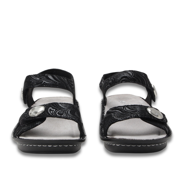 Front of Alegria Women's Vienna Sandals in Swirling Black