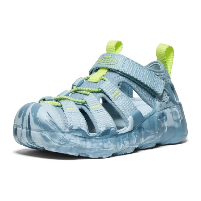 Front angled view of KEEN Kids' Hyperport H2 Sandal in Skyway green and Faded Denim blue