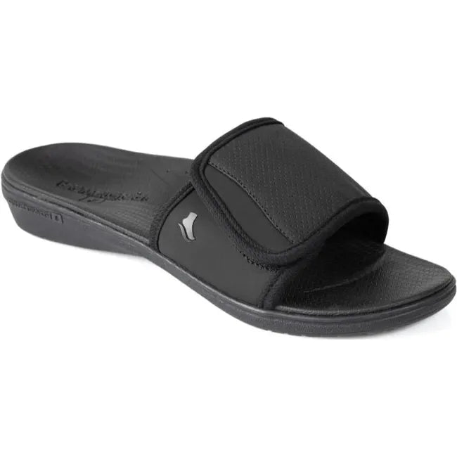 Front angled view of Men's PowerStep Archwear Slide Sandal in Black with an adjustable velcro strap