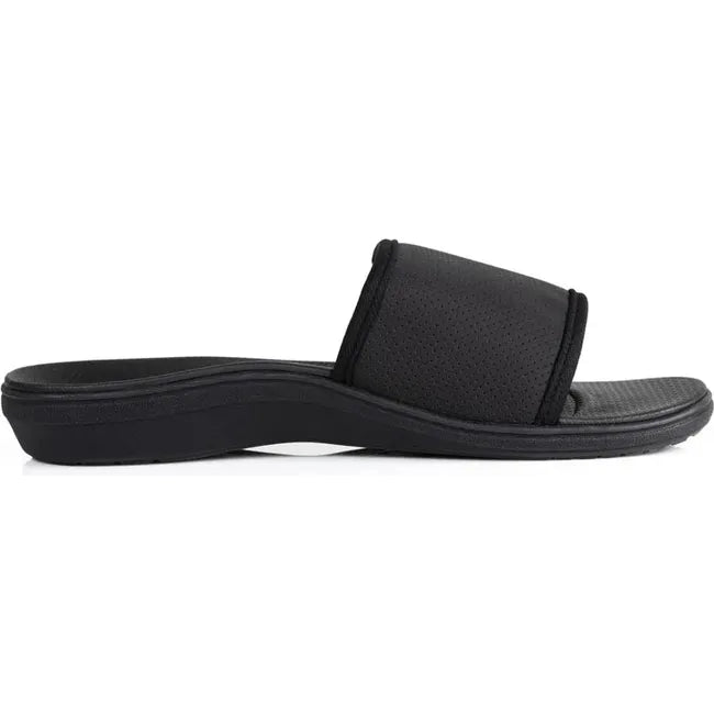 Lateral side of Men&#39;s PowerStep Archwear Slide Sandal in Black with an adjustable velcro strap